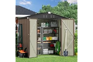 Gizoon Outdoor Storage Shed 6 x 4 FT, Galvanized Metal Garden Shed with Double Lockable Doors, Outdoor Storage Clearance for Backyard Patio Lawn-Light Brown