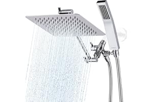 G-Promise All Metal 8 Inch Dual Square Shower Head with Handheld Spray Combo, Rain Shower Head, Adjustable Extension Arm, Smooth 3-Way Diverter, 71 Inch Extra Long Hose - A Bathroom Upgrade (Chrome)