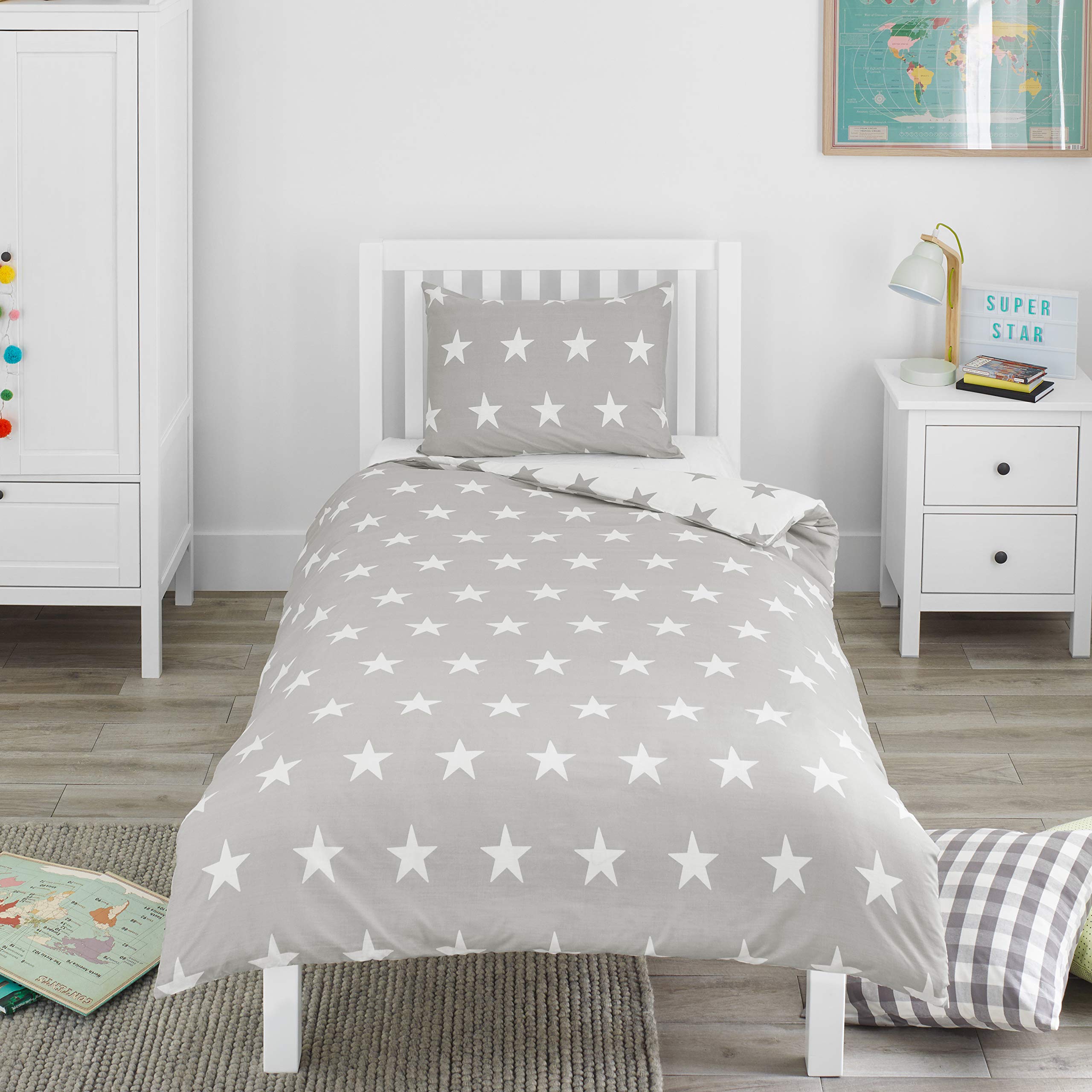 Bloomsbury Mill - Kids Single Duvet Cover Set - Childrens Single Bedding for Boys and Girls - Grey and White Stars - Single Bed Duvet Cover Set with Pillow Case - 135x200cm