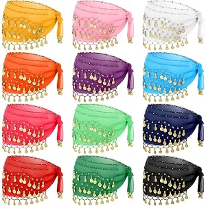Oqqlin 12 Pcs Belly Dance Skirt, Belly Dance Hip Scarf with Gold Coins 12 Colors Coin Sequin Skirt Set for Women's Performanc