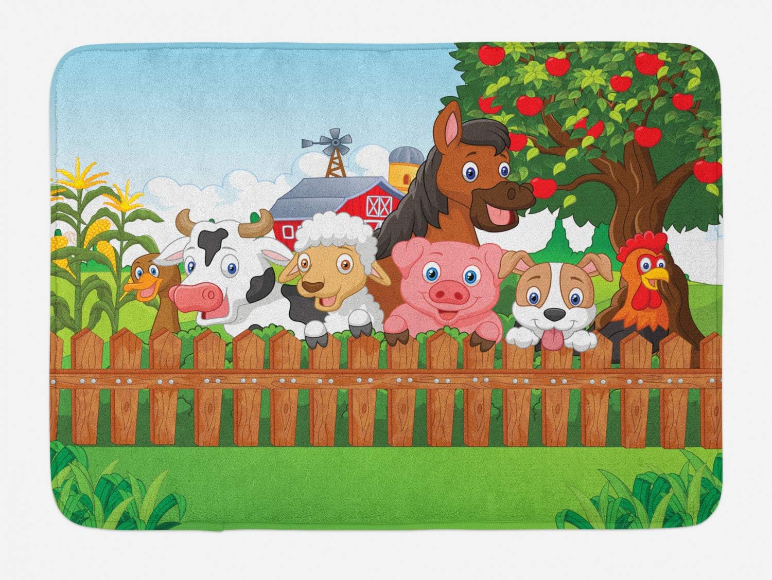 Ambesonne Cartoon Bath Mat, Composition Farm Animals on Fence Comic Mascots with Dog Cow Horse Kids Design, Plush Bathroom Decor Mat with Non Slip Backing, 29.5