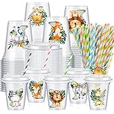 Boao 36 Set Jungle Safari Animal Themed Party Favors Plastic Cups 14 oz Birthday Party Supplies Cups with Plastic Lids and Paper Straws for Jungle Safari Animal Theme Birthday Gift