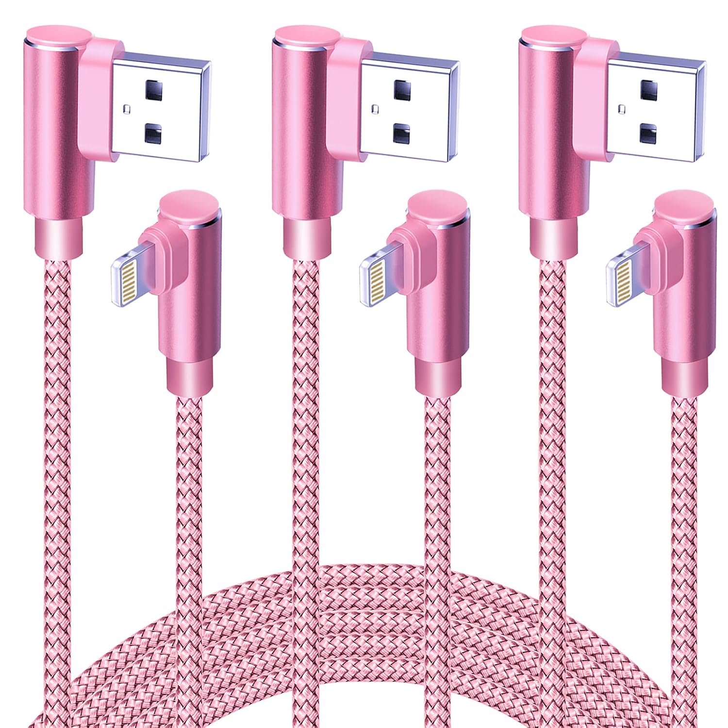 MFI Certified iPhone Charger Cable 10 FT iPhone Lightning Cable 3 Pack Braided iPhone Charging Cord 10 Feet Angled for iPhone 12/12 Pro/Max/11/11 Pro/Max/XR/XS/Max/X/8/7/6/iPad(Pink)