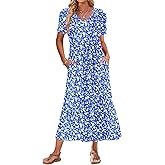 AUSELILY Summer Dresses Women 2025 Flowy Short Sleeve Maxi Dress V Neck Casual Tiered Sundress with Pockets