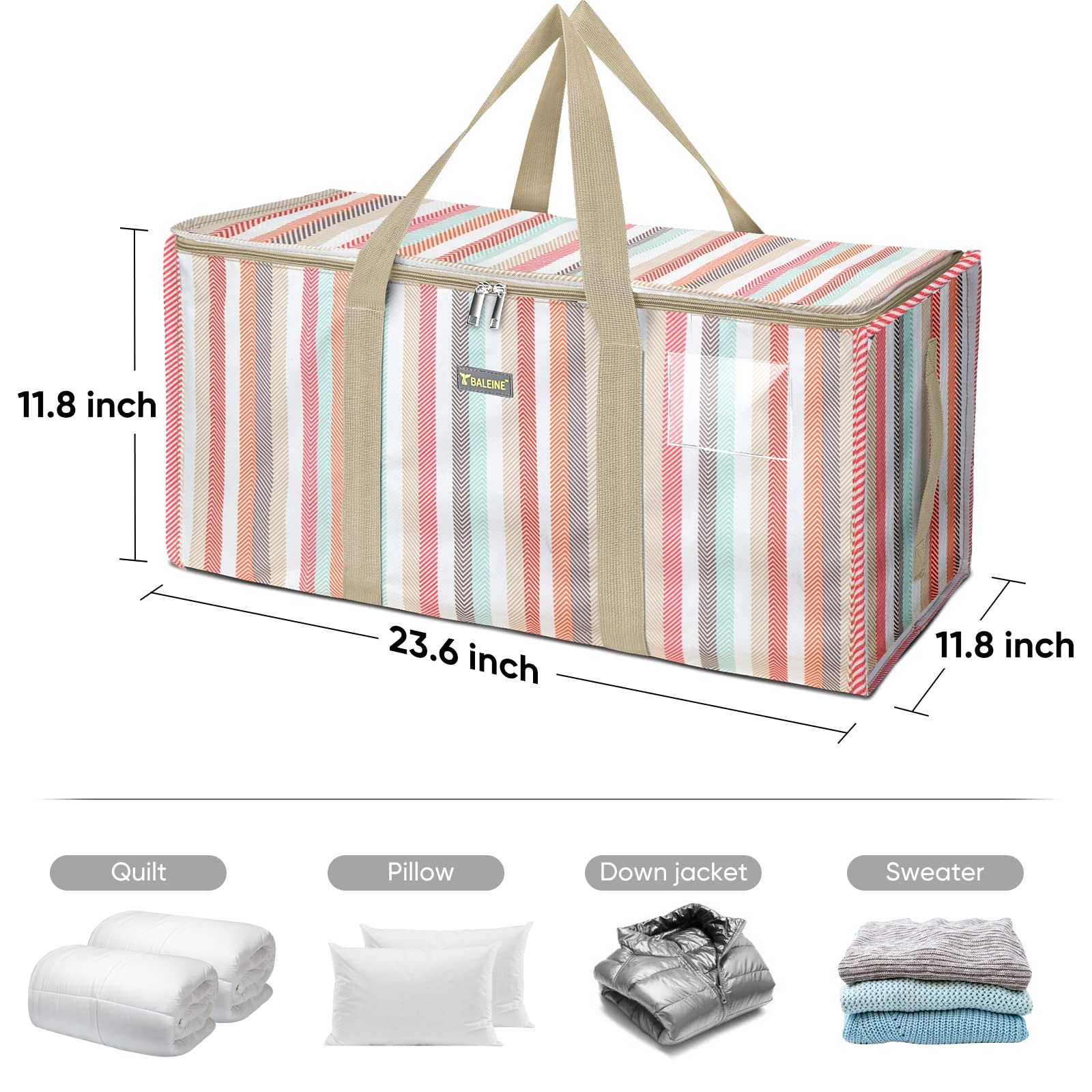 BALEINE Extra Large Storage Tote with Zippers & Carrying Handles, Heavy-Duty Oxford Fabric Moving Bags for Laundry, Space Saving, Storage, Color Stripe