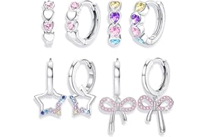 BESTEEL 4 Pairs Hypoallergenic Huggie Hoop Earrings for Girls Women Silver Plated Small Dangle Hoop Earrings Bow Earrings Tiny Cute CZ Heart Butterfly Earrings Set Pink Colorful Star Earrings for Sensitive Ears(over 3 years old)
