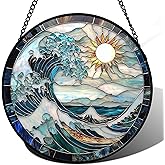 JOSUMALY Stained Glass Window Hanging - White Sun Big Wave Suncatcher for Door Terrace Garden Home Decor Blue Ocean Landscape Sun Catcher Birthday Gifts for Lovers Women Men Dad Mom Nana 7.8 in