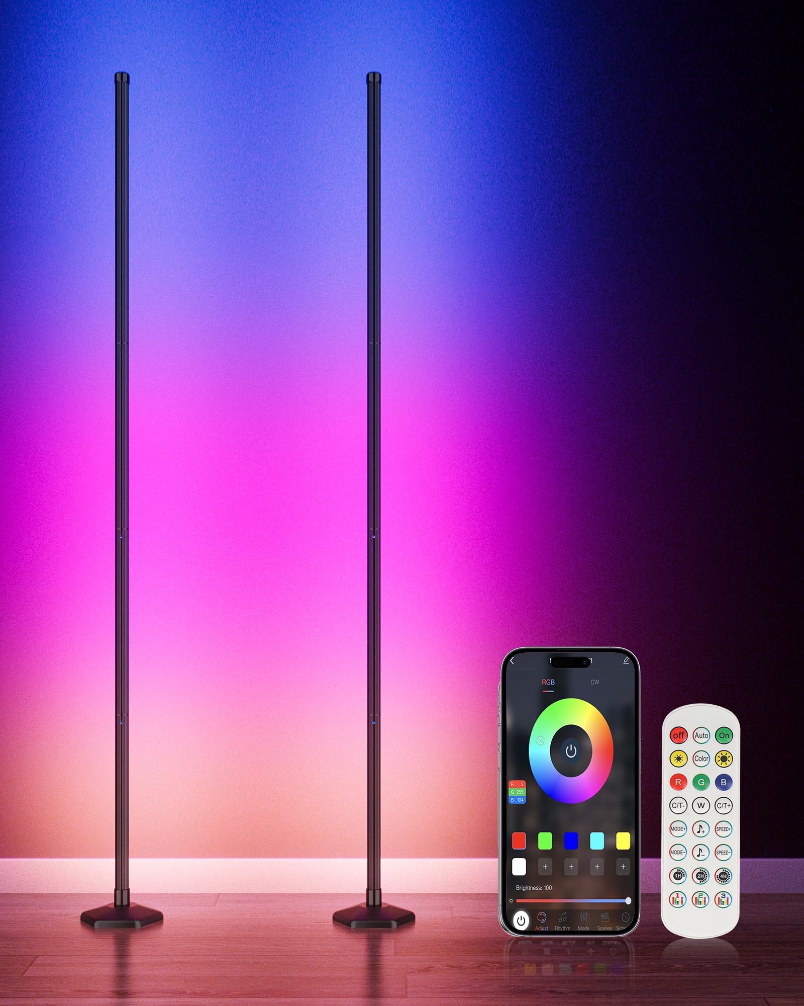 Photo 1 of YIKBIK 2PCS RGB+W Corner Floor Lamp, 65" Color Changing 24V LED Floor Lamp with Cool White Bluetooth APP Remote Control Music Sync Modern Stand Lamp 16 Million DIY Colors for Living Room Bedroom