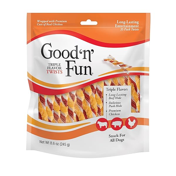 GOOD’N’FUN TRIPLE FLAVORED RAWHIDE TWISTS FOR DOGS, 35 COUNT