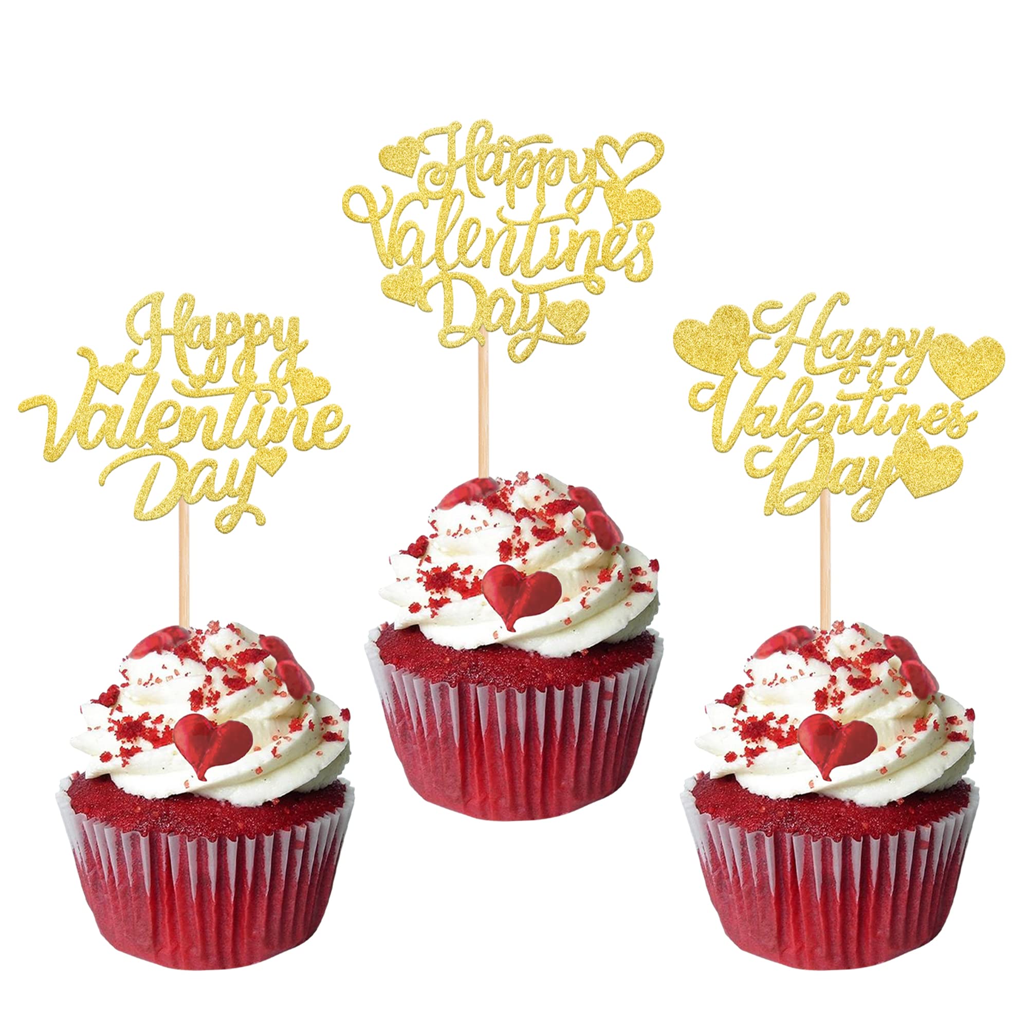 Xsstarmi 30 Pack Happy Valentine's Day Cupcake Toppers Glitter Valentine Cupcake Picks Love Heart Cake Decorations for Valentine's Day Theme Bridal Shower Valentine Party Supplies Gold