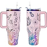 Mindunm 40 oz Butterfly Laser Engraving Tumbler With Handle With Lid Straw Double Insulated Travel Coffee Cup Butterfly Travel Accessories Must Have Gifts For Women