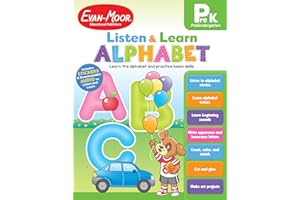 Evan-Moor Listen and Learn Alphabet, PreK Activity Workbook, Includes Stickers and Audio Read-Alongs, Basic Skills, Writing Letters, Phonics Game, Coloring, Reading, Homeschool, Summer Learning