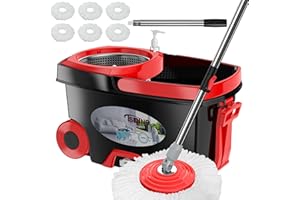RINSEWISE FunClean 360° Spin Mop and Bucket Set with Wringer, 6 Extra Microfiber Heads, 61" Extended Handle for Effortless Floor Cleaning, 2X Wheel Design - Black