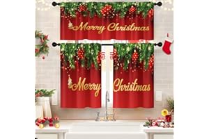 NESPHY Kitchen Curtains Christmas Red Golden Balls Sparkling Light Garland Valances and Window Curtains 3 Pcs Set New Year Xmas Fir Tree Branches Short Tier Curtain for Room Small Kitchen Window Decor
