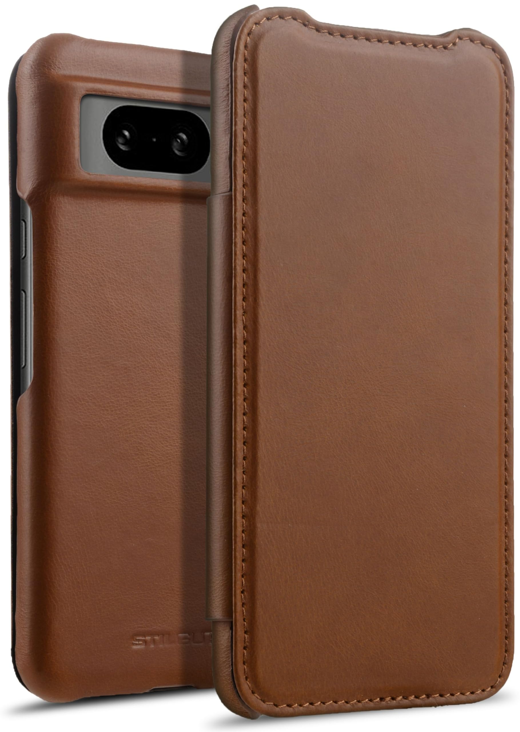 STILGUT Book Case Compatible with Google Pixel 8 Leather Case, Leather Case, Flip Case, Mobile Phone Case - Cognac