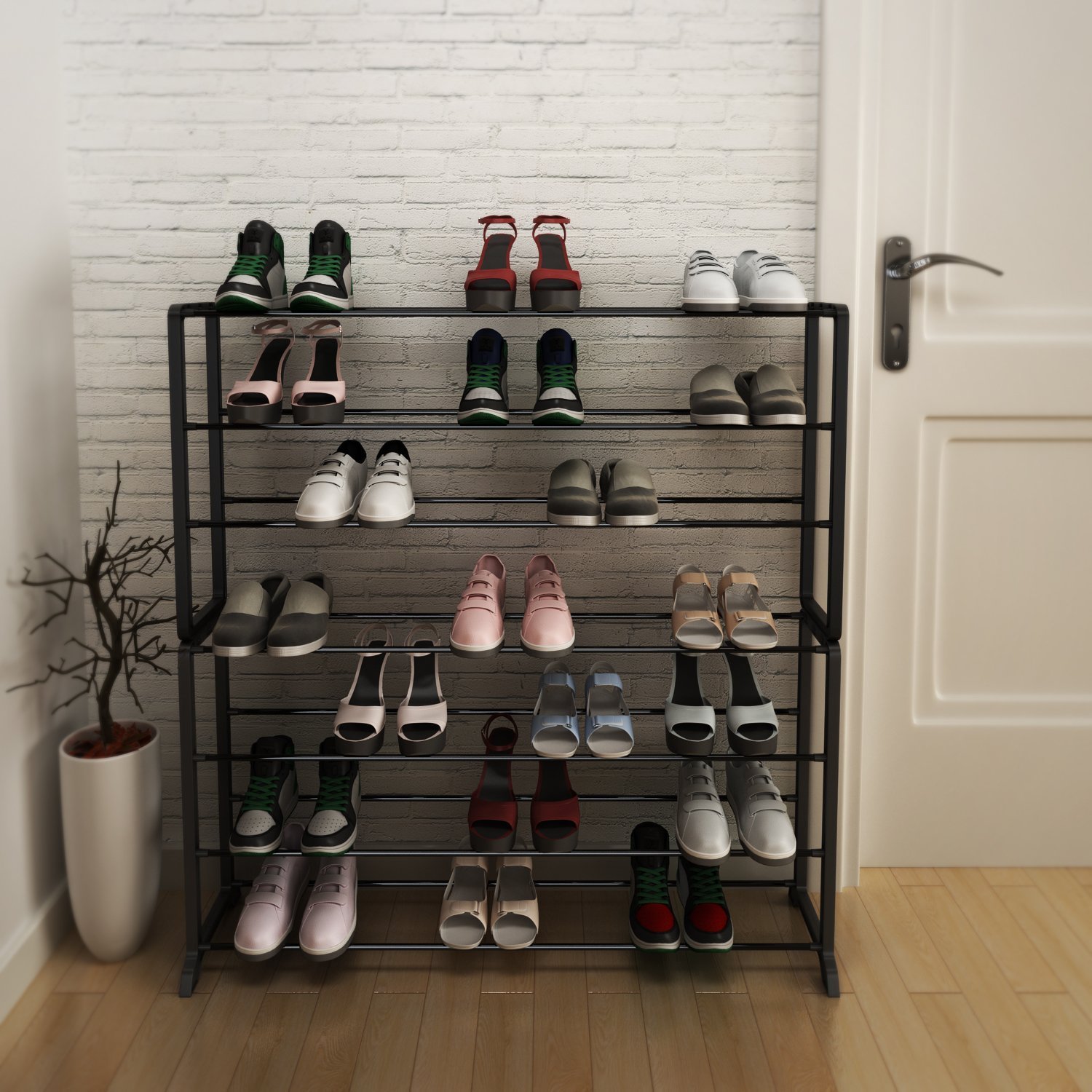 Hindom Adjustable Floor Shoe Organizer Storage, 4/7/10 Tiers Free combination Space Saving Shoe Shelves (7L, Black)