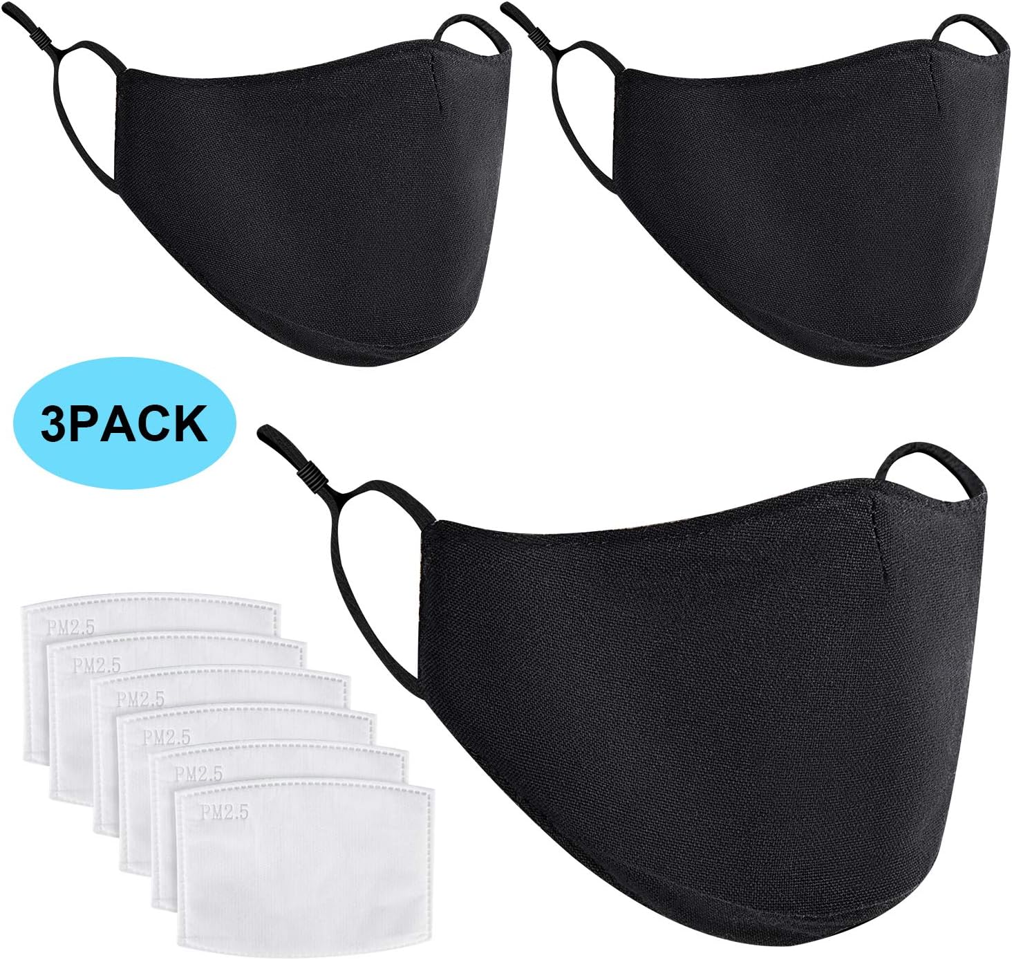 3 Pack Unisex Mouth Mask Adjustable Anti Dust Face Mouth Mask, Pure Cotton Mask Washable Mask Pm2.5 Mask Strong Resistance Bacteria Mask Out Protective Cloth Mask (3pack masks+6 pcs Filters)