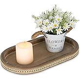 Hanobe Decorative Serving Tray Wood: Brown Bead Oval for Coffee Table Rustic Wooden Trays Decor Farmhouse Kitchen Counter Vintage Centerpiece Living Room Home Organizer, 15.15''x9.25''x1.18''