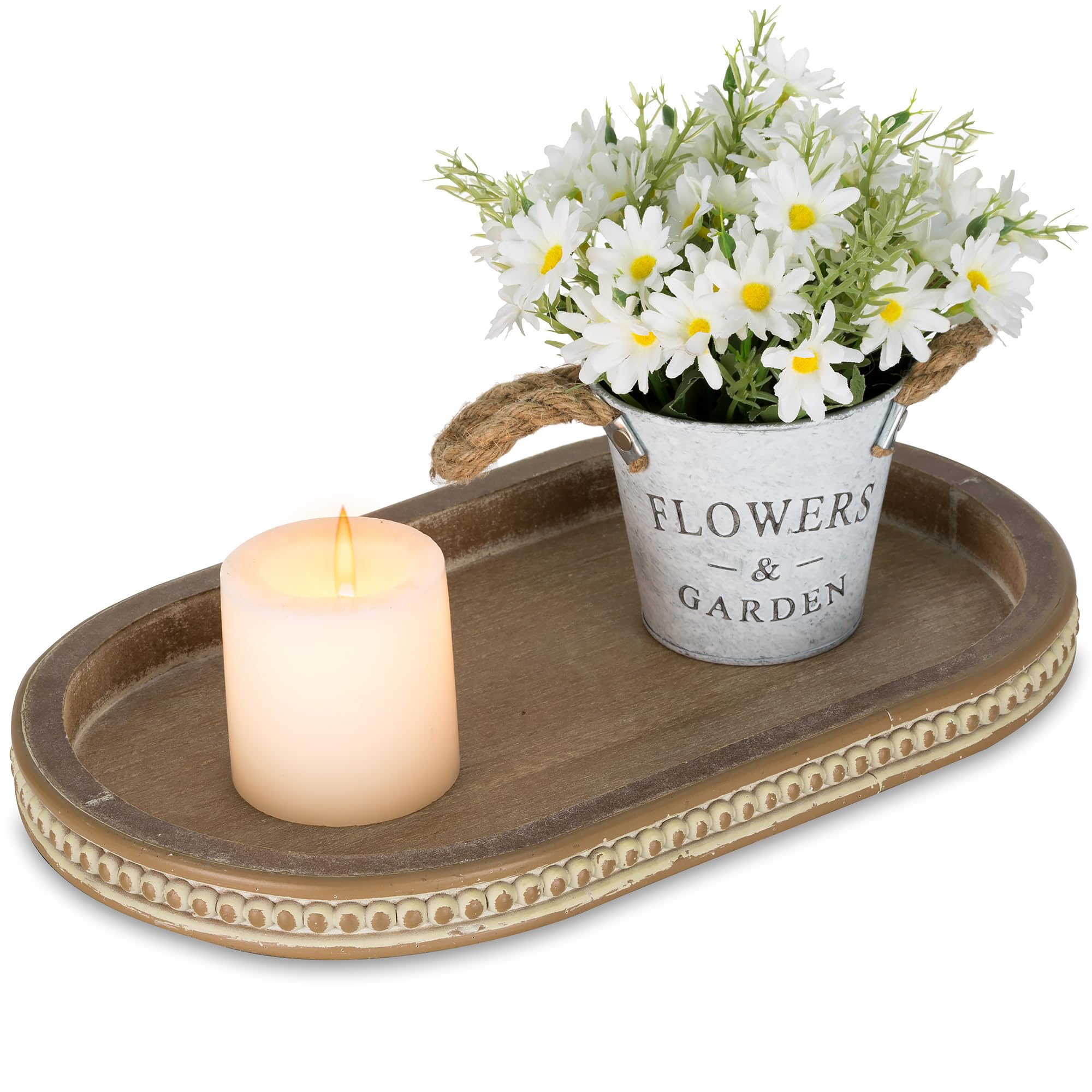 Hanobe Decorative Serving Tray Vintage: Beaded Coffee Table Tray Rustic Wood Centerpiece Decor Farmhouse Kitchen Counter Home Organizer Oval