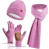 Womens Winter Knit Scarf Beanie Hat Touchscreen Gloves Set with Warm Fleece Lined Long Knit Scarf Skull Cap for Women