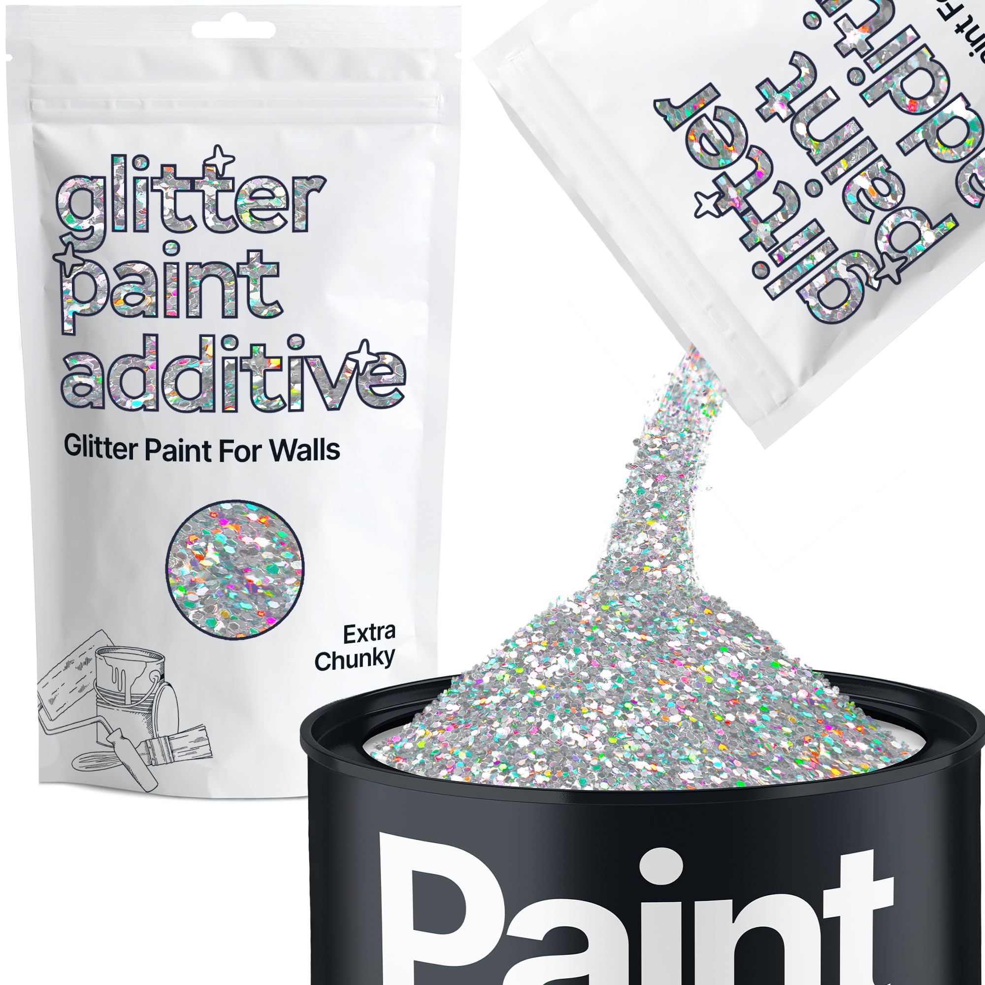 Hemway Silver Holographic Glitter Paint Additive Extra Chunky 100g for Adding Sparkle to Paints & Varnish | Paint Walls Sparkly Add to Emulsion, Acrylic or Lacquer Indoor