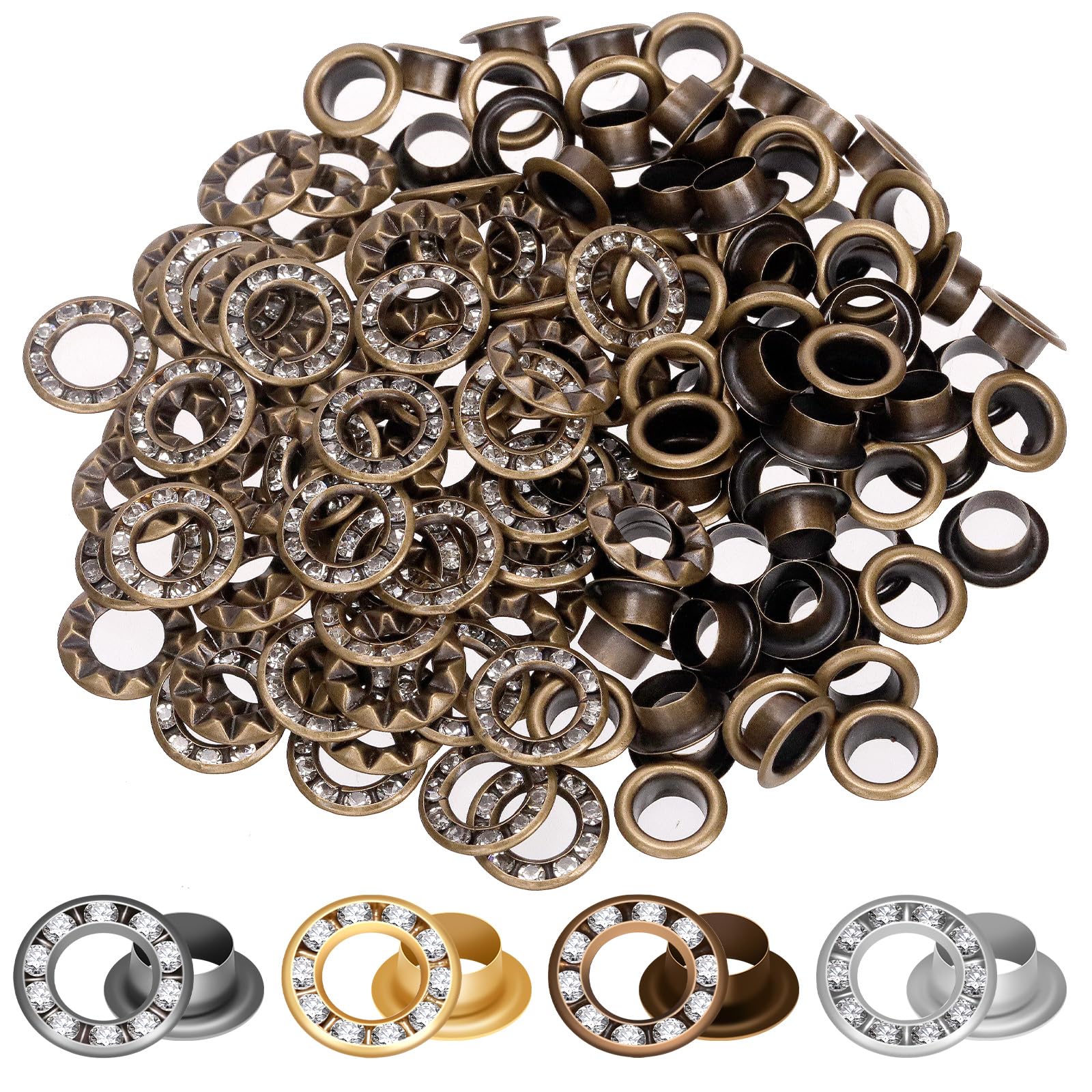 Mardatt 100 Sets 1/4” Rhinestone Eyelet Grommet Kit, Rhinestone Metal Grommet Rhinestone Eyelet Fittings Eyelet Grommets Kit with Washer, Hole Punch for Clothing Shoe DIY Crafts(Bronze)
