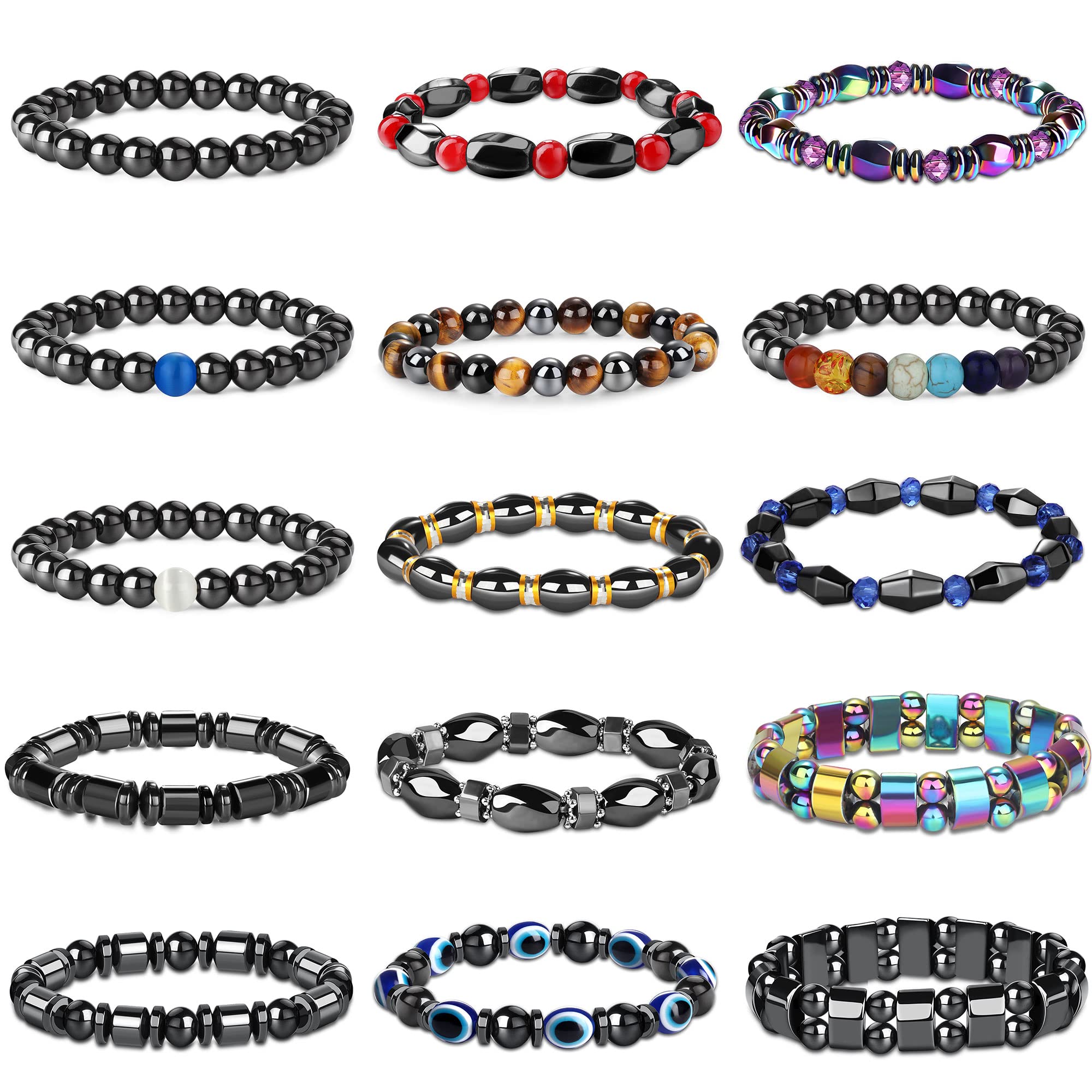 KALVICA 15 Pcs Unisex Natural Stone Bead Bracelet Set - Hematite Magnetic Clasp Round Stretch Bracelets - Multi-Coloured - 21.8 cm