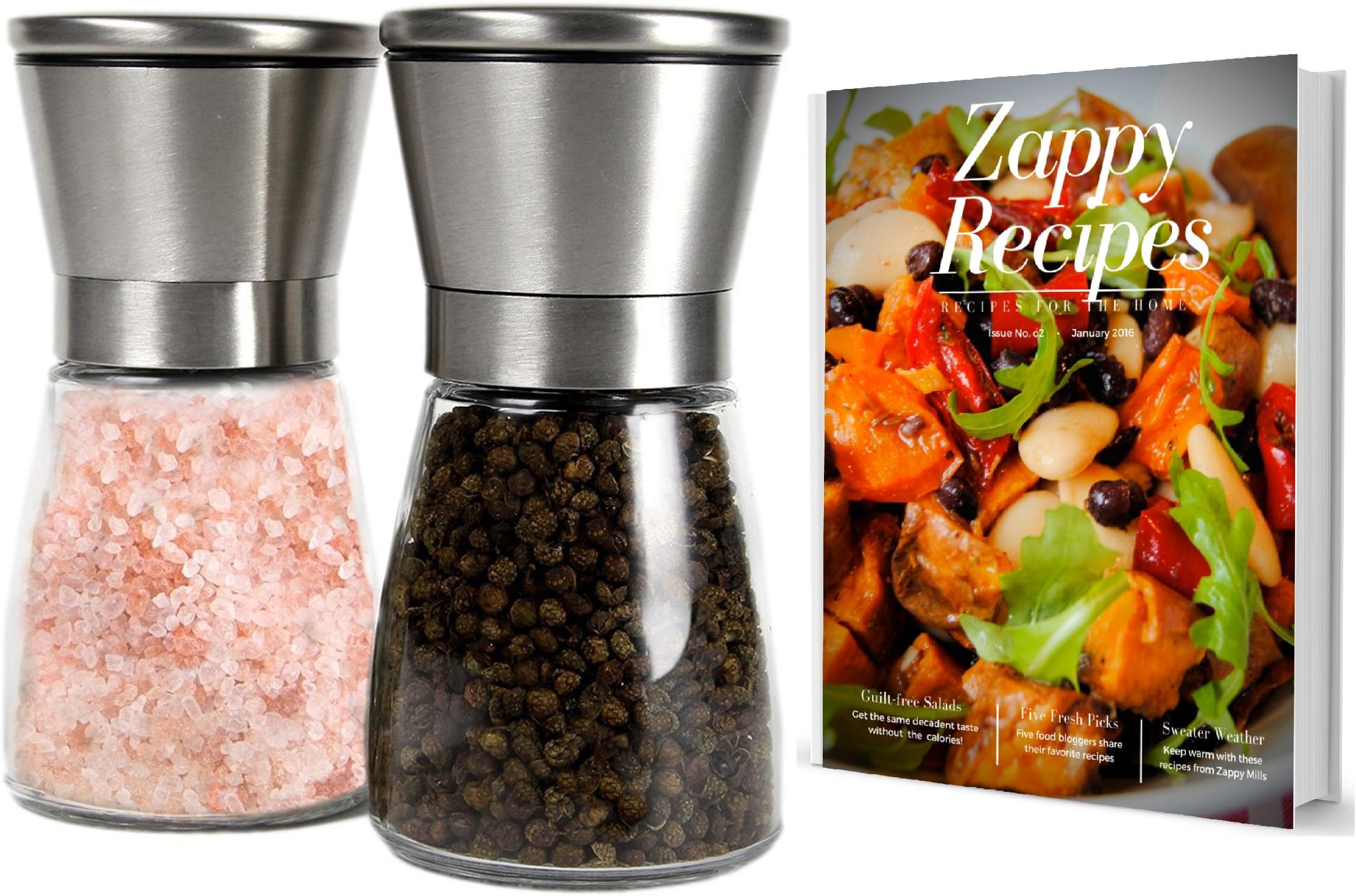 Salt and Pepper Shakers Grinders Mill Set - Pair with Adjustable Coarseness and Glass Body Jar - Manual Adjustable Ceramic Rotor + FREE Recipe E-books!