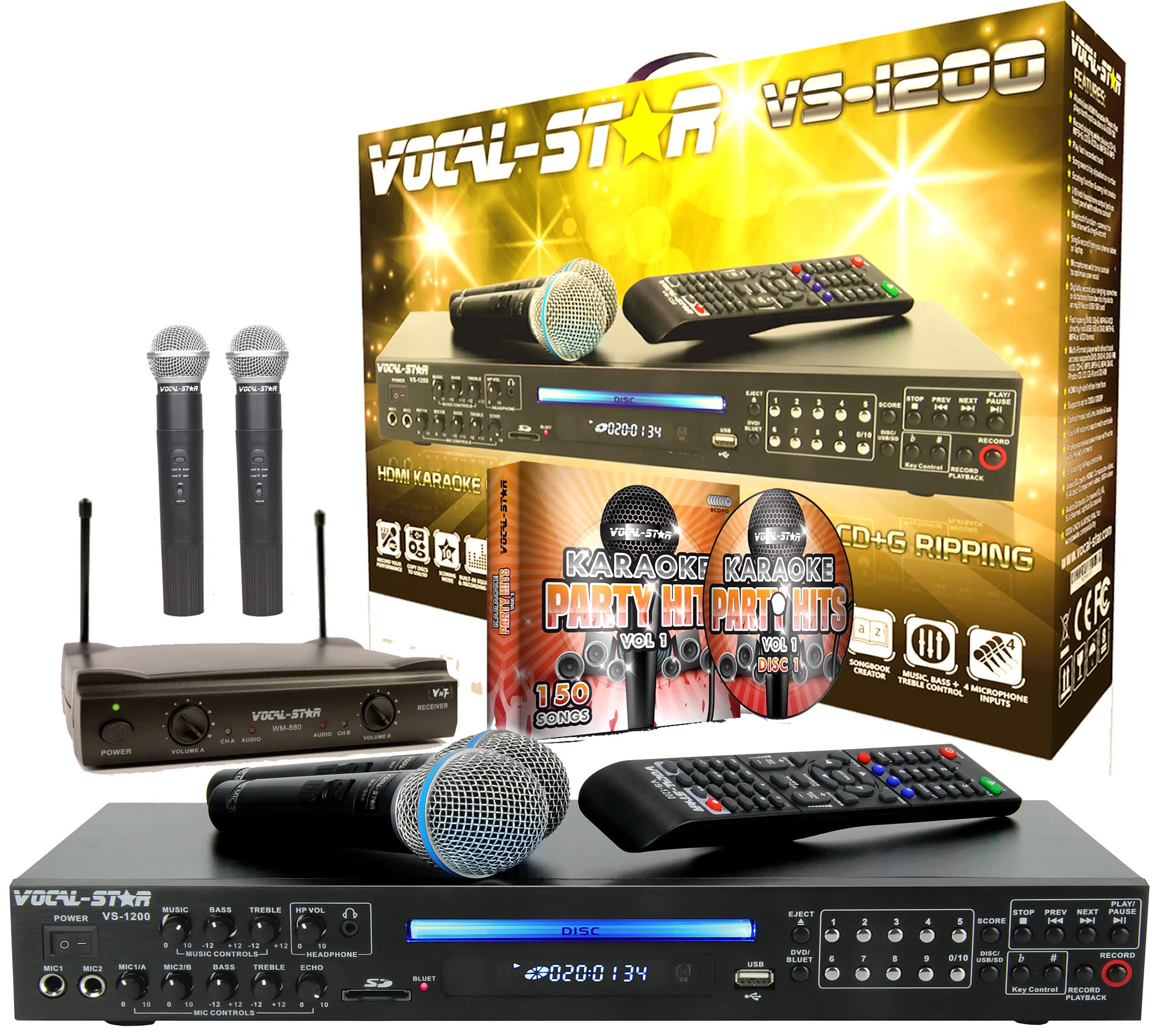 Vocal-Star Karaoke Machine with Microphones, Bluetooth, Party Songs, Records & Scores Singing, Bass & Treble Controls, VS-1200 (Wireless 150 Songs)