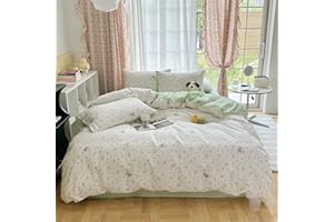 EAVD Garden Style Pink Floral Duvet Cover Queen Soft Cotton Chic Floral Cute Rabbit Pattern Bedding Set with 2 Pillowcases Fresh Cottagecore Botanical Bedding Set for Women
