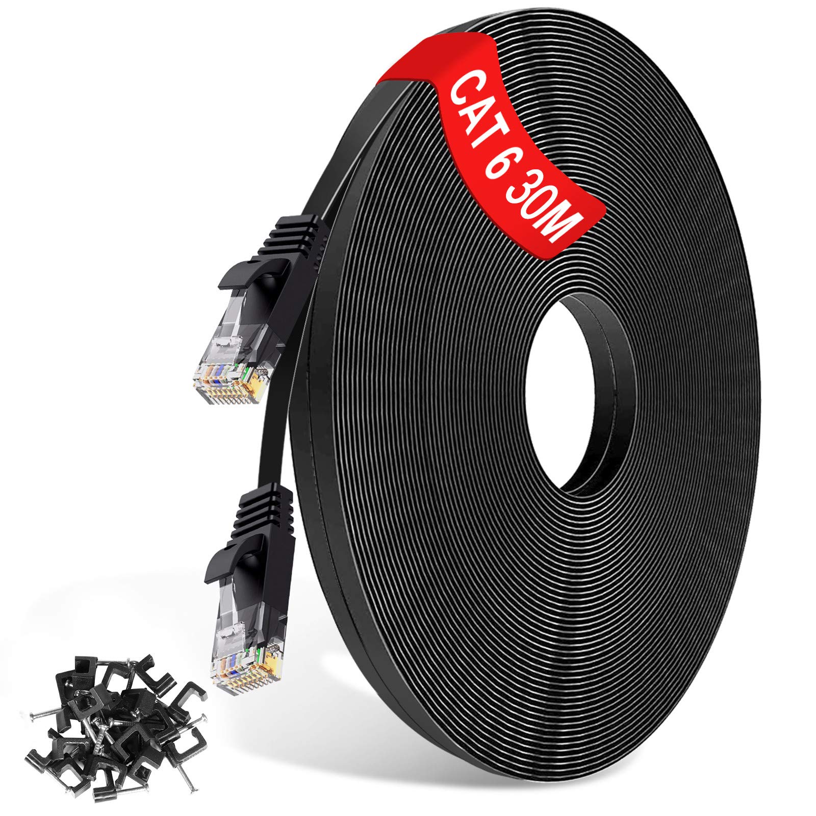 TBMax 30m Ethernet Cable Cat6-100ft Long Ethernet Network Cable High Speed 10/100/1000 Mbps Flat Gigabit Lan Cable RJ45 Internet Patch Cable compatible with Cat5, Cat5e, Cat6a, for Xbox, PS4/5,Black