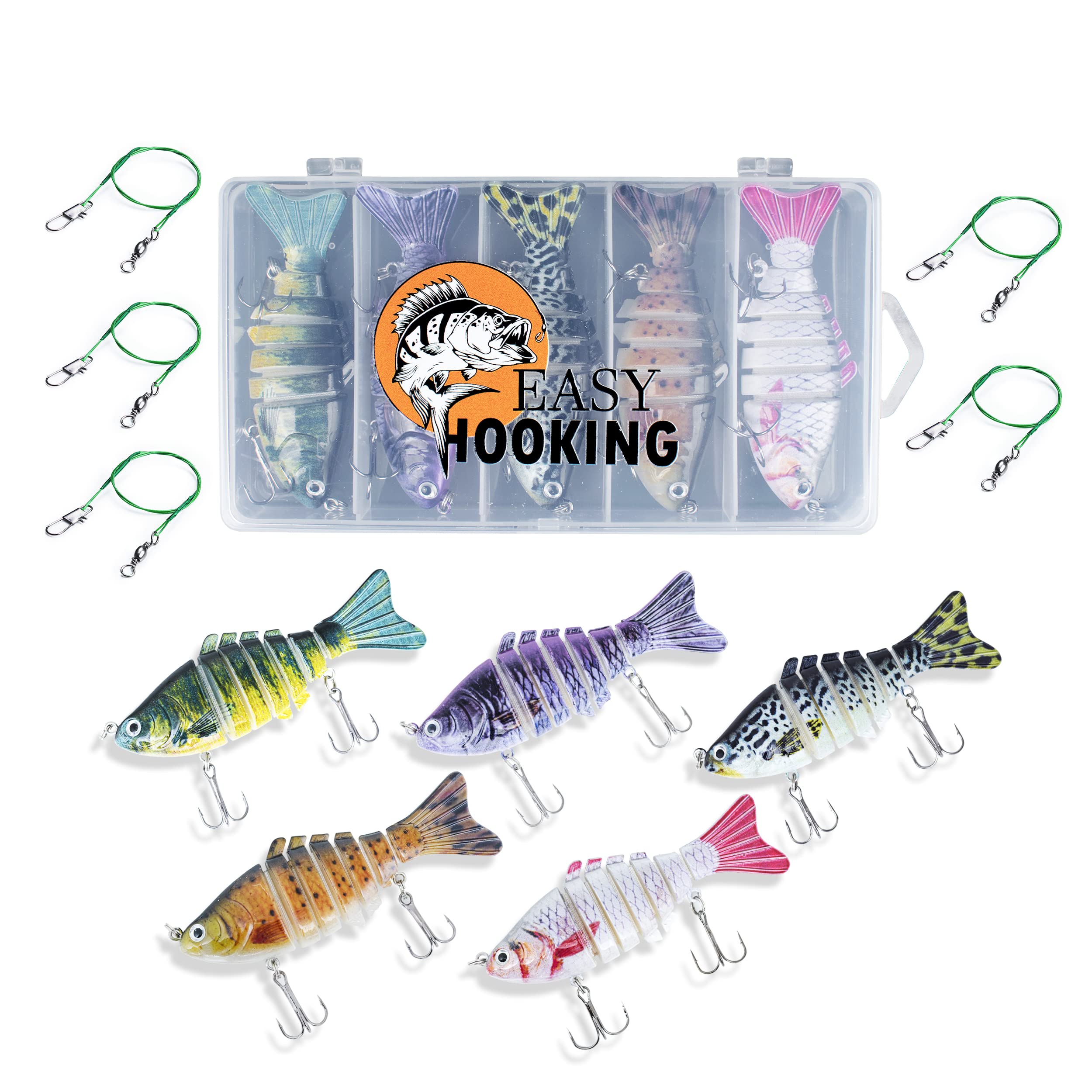 EASYHOOKING Hecht Wobbler Set 11-Piece Predatory Fish Fishing Set Bait with Joint for Realistic Running - 5 Artificial Baits 10 cm / 15 g + 5 Steel Leaders + 1 Storage Box - Pike, Perch, Zander