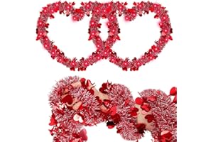 RGQSUN 65.6 Ft Valentine's Day Tinsel Garland with Lights, LED String Twist Garland with Red Heart Ornament,Valentines Tree Hanging Garland for Valentine Wedding Engagement Anniversary Party Decorations