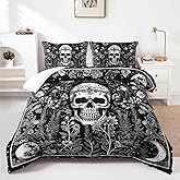 AILONEN Gothic Skull Comforter Set Queen Size,Black and White Skull Bedding Set for Boys Men,Retro Floral Comforter Set,1 Quilt and 2 Pillowcases,3 Pieces