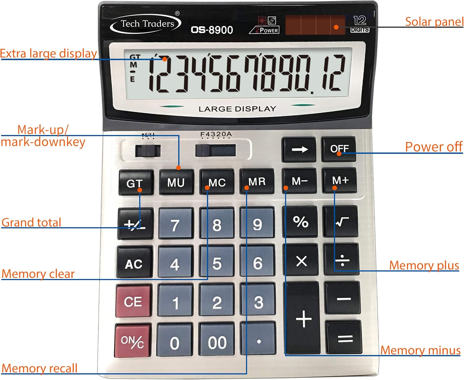 Extra Large Desktop Calculator, Extra Large Key Solar and Battery Dual Power Portable 12 Digit Large LCD Display - Image 4