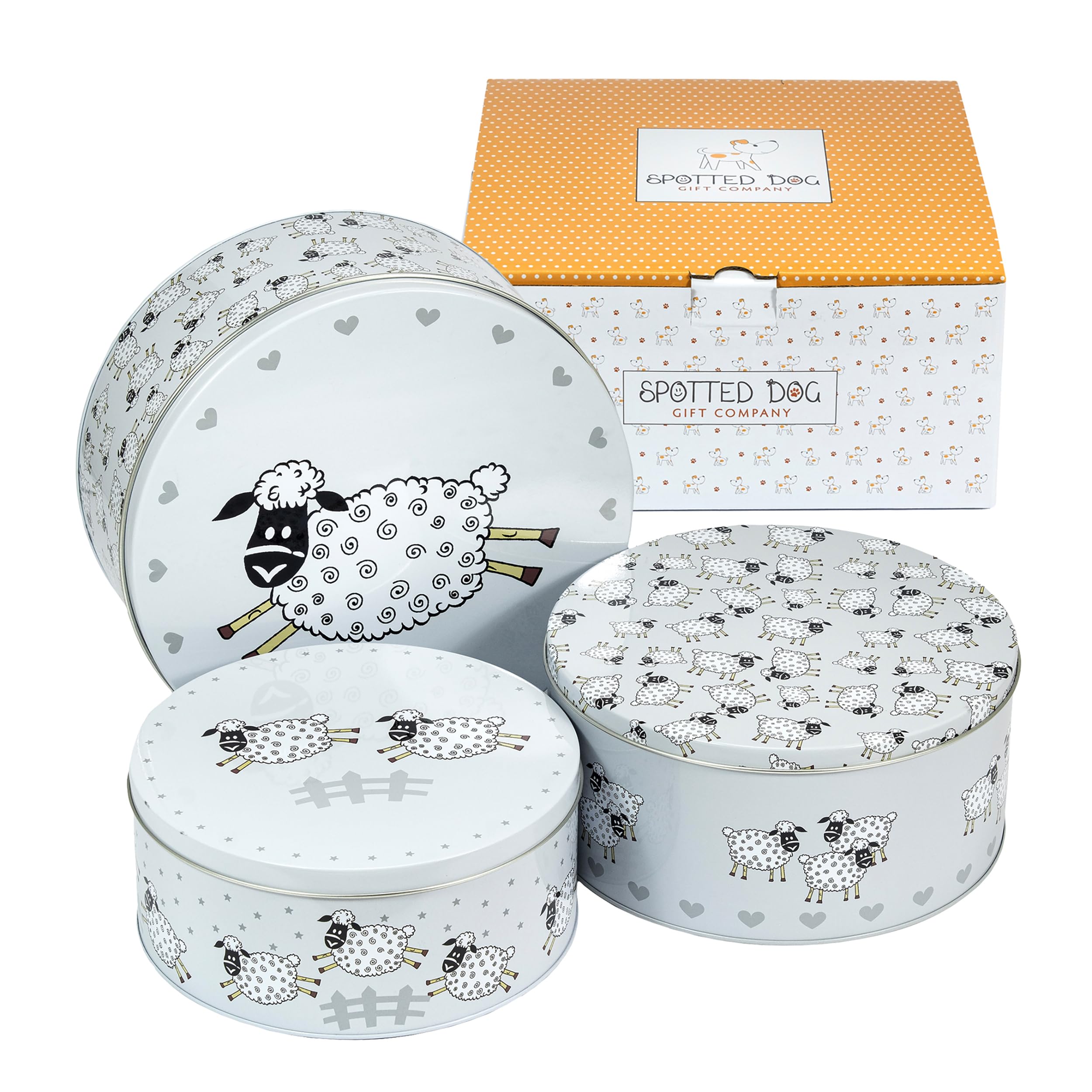 SPOTTED DOG GIFT COMPANY Cake Tin Storage Set of 3, Round Nesting Cake Tins for Storing Cakes & Biscuits, Stackable Airtight Biscuit Containers, Sheep Themed Gifts, Large Medium Small