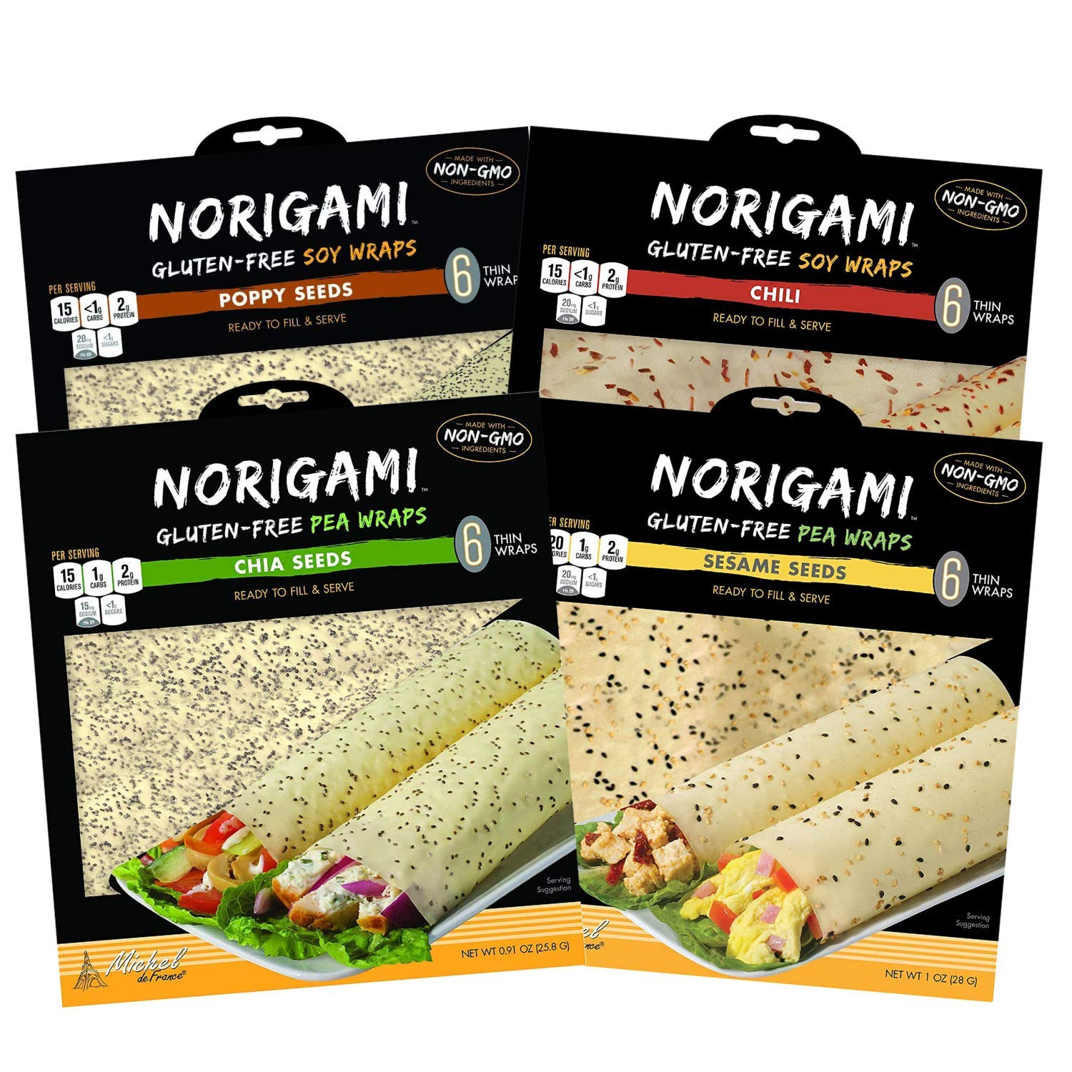 NorigamiNon-GMO Gluten-Free Soy Wraps Sesame Seeds, Soy Wraps Chili, Soy Wraps Poppy Seed and Soy Wraps Flax Seeds (NOW 10 Wraps Per Pack), Ready To Fill And Serve Wraps (4 Packs)
