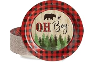 80 Pack Oh Boy Baby Shower Plates for Lumberjack Baby Shower Decorations, Buffalo Plaid Party Supplies (9 in)
