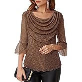 Lotusmile Blouses for Women Dressy Casual 3/4 Sleeve Cowl Neck Sparkly Tops Cocktail Shirts for Evening Party