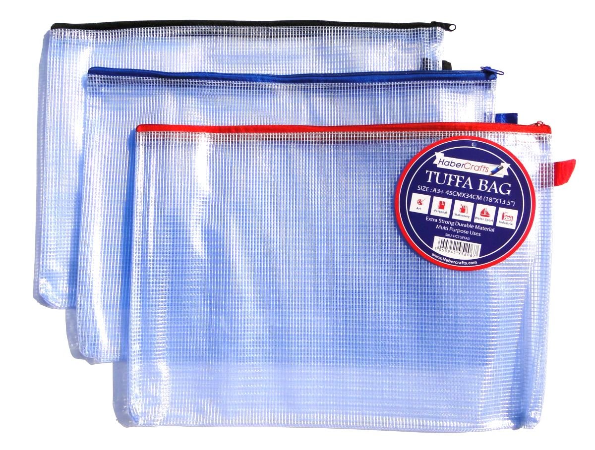 A3 Tuff Bag Zip Wallet Clear Plastic Wallets Zipped Pouch File Pencil Case Folder Water Resistant Reinforced Heavy Duty Mesh Bags (Fits A3-12 Pack)