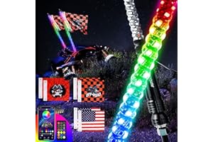 AUTOOMMO 2 PCS 3FT LED Whip Lights - 3X Brighter Professional UTV Whip Light, w/ 6 Off-Road Flags, APP & Remote Control, 366 Modes Chasing Lighted Antenna Whip for UTV ATV RZR SXS Can-Am
