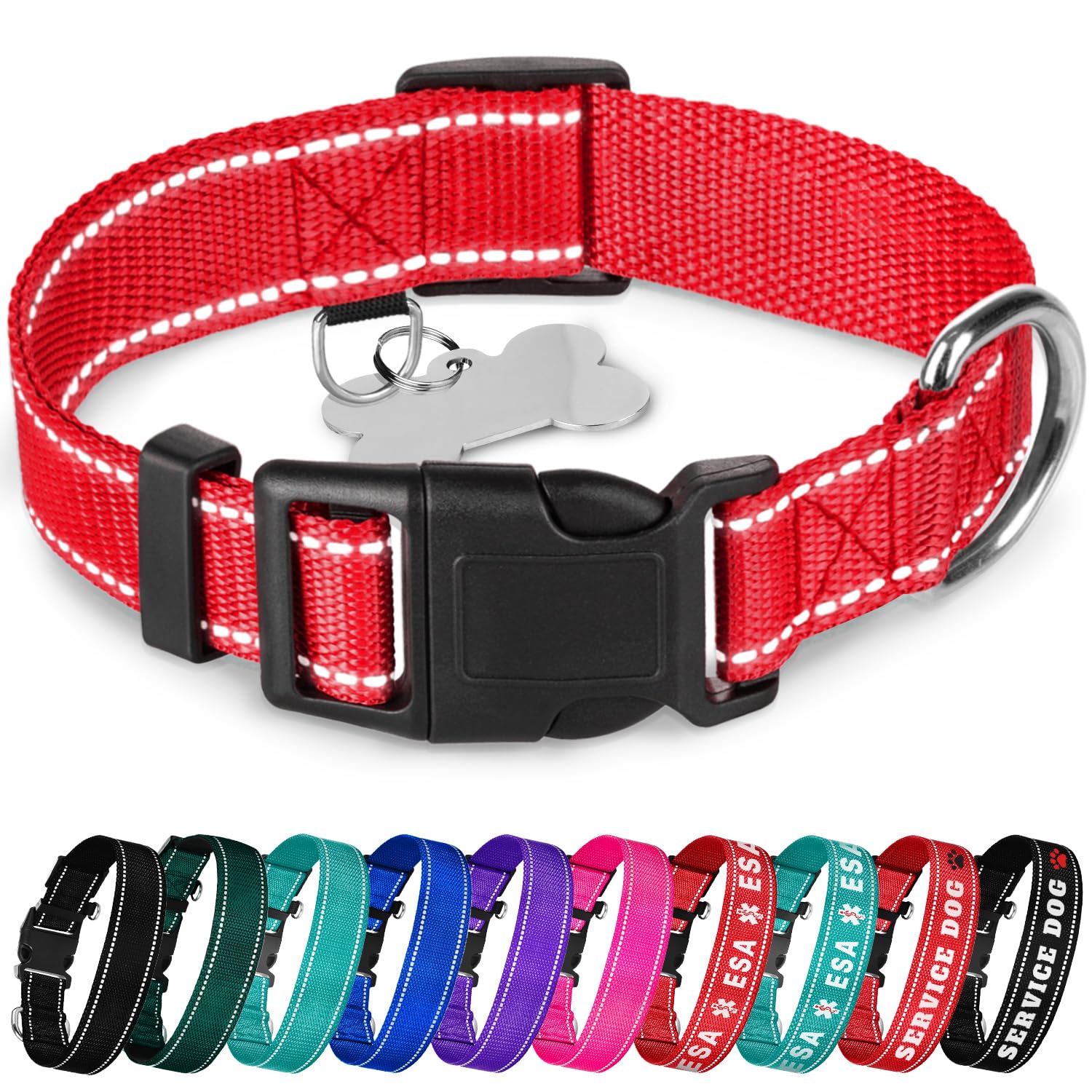 Photo 1 of TECEUM Reflective Dog Collar – Red – M – Basic Nylon Pet Collar – Quick Release Buckle – Fits Small, Medium and Large Dogs, Puppies, Cats – ESA & Service Dog Options
