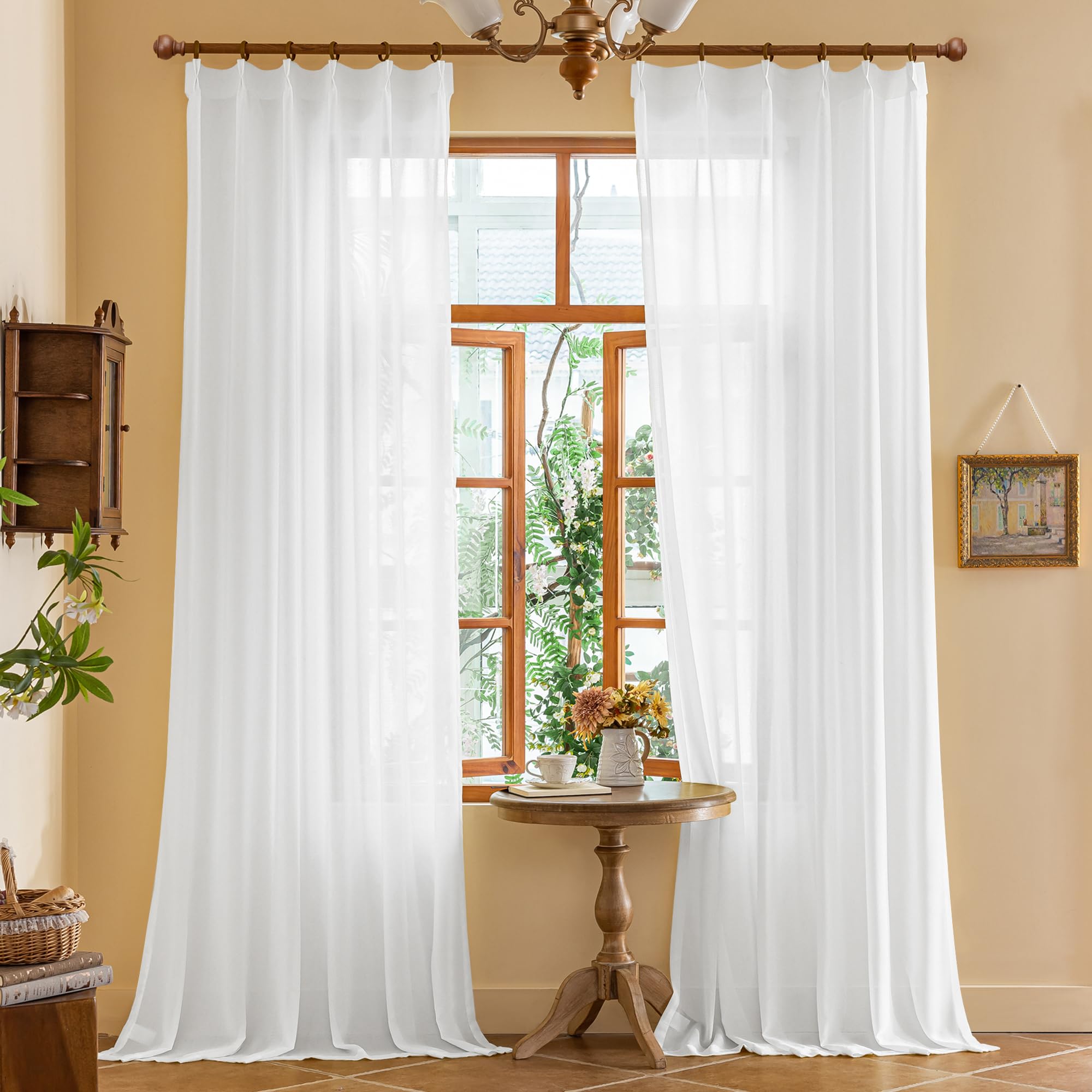 Photo 1 of 102 Inches Long White Sheer Curtains Pinch Pleated Drapes with Adjustable Hooks for Patio Door Tree Branch Textured Light Filter 102 Inch Ceiling Track Curtains, White, 72"W x 102"L, 2 Panels