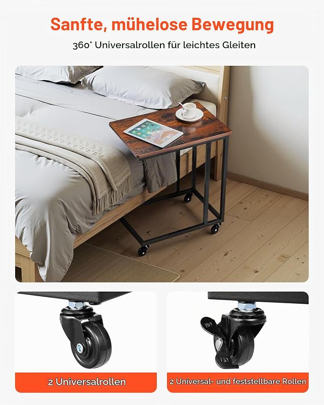 Beistelltisch Kaffeetisch mit Metallrahmen rollbar, C-förmiger Couchtisch für Wohnzimmer Schlafzimmer Büro 500 x 350 x 605 mm TV-Tablett, Wohzimmertisch Sofatisch Braun und Schwarz