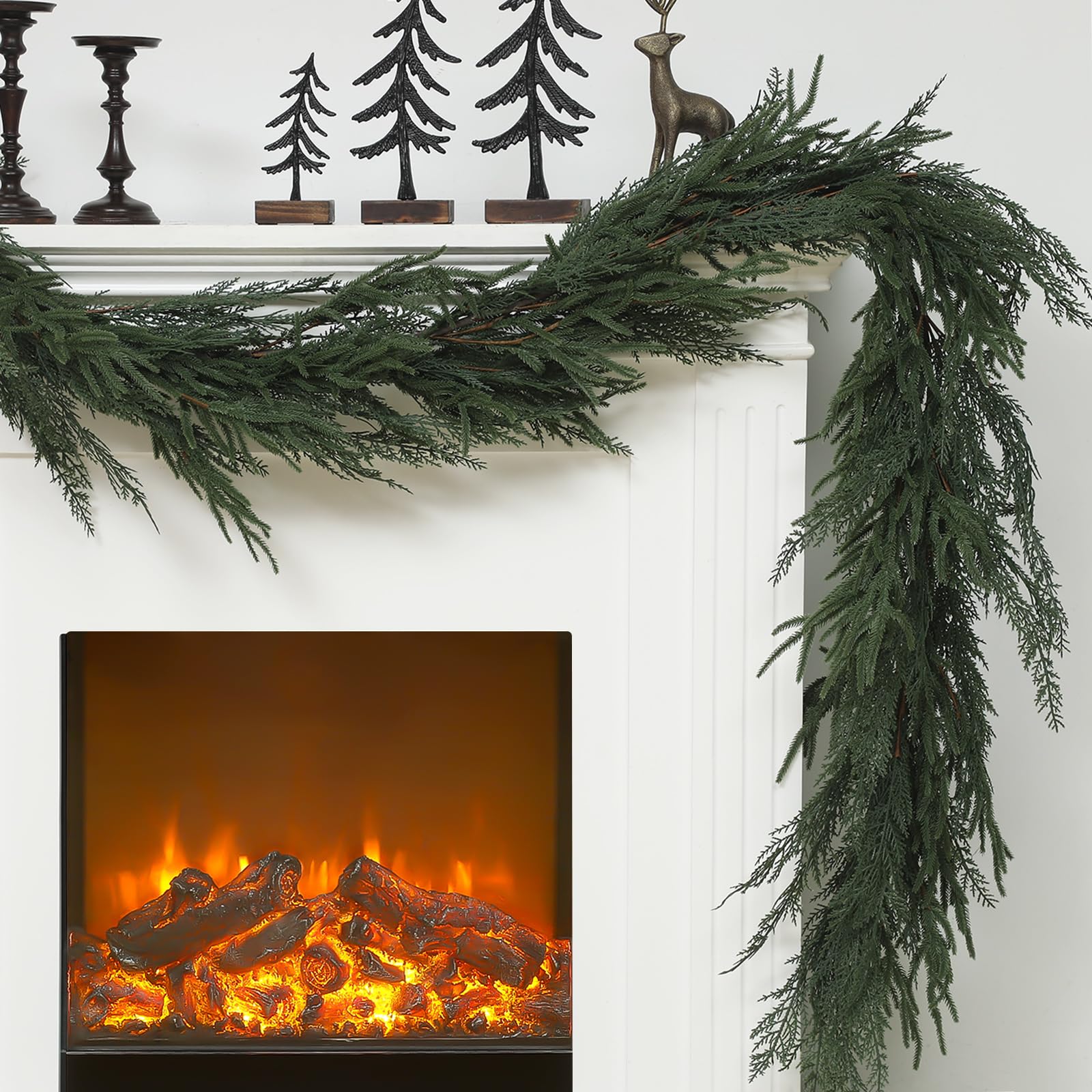 Photo 1 of Jutom 1 PCS 9 ft Realistic Christmas Garland - Artificial Mix Norfolk Cypress Pine Needles Faux Green Garland Decorations for Table Mantel Winter Holiday, Indoor & Outdoor Decor