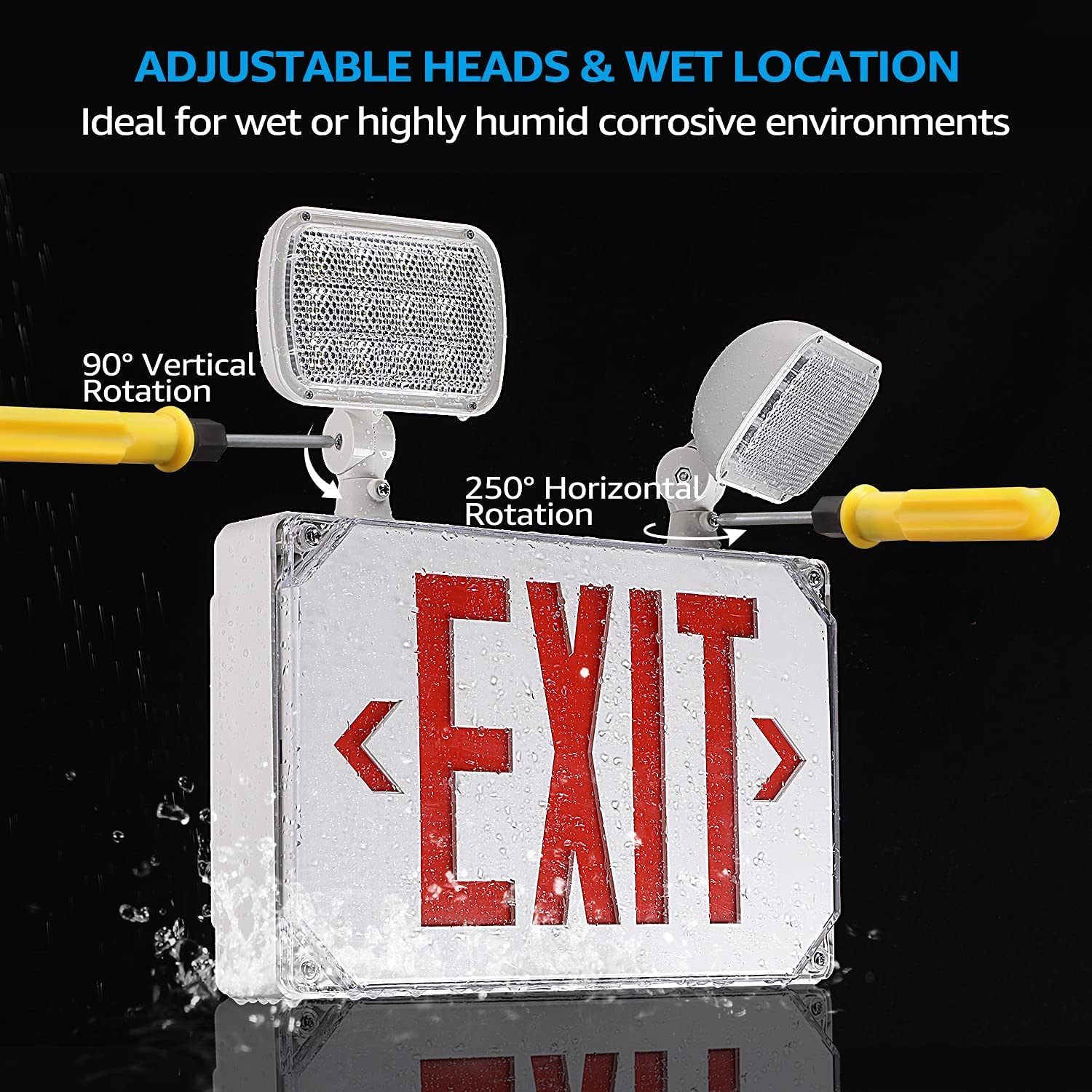 LEONLITE LED Exit Light, Wet Location Exit Sign with Emergency Lights, UL Listed, Outdoor Hardwired Red Letter Exit Sign with Battery Backup, 2 Dual Heads, Double Face, AC 120/277V, White