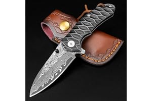 AUBEY Damascus Pocket Knife for Men, Forged VG10 Damascus Steel Folding Knife with Sheath, Rain-drop Blade, Stainless Steel Handle, EDC Knife for Camping, 60 HRC, Blade Length 2.95"