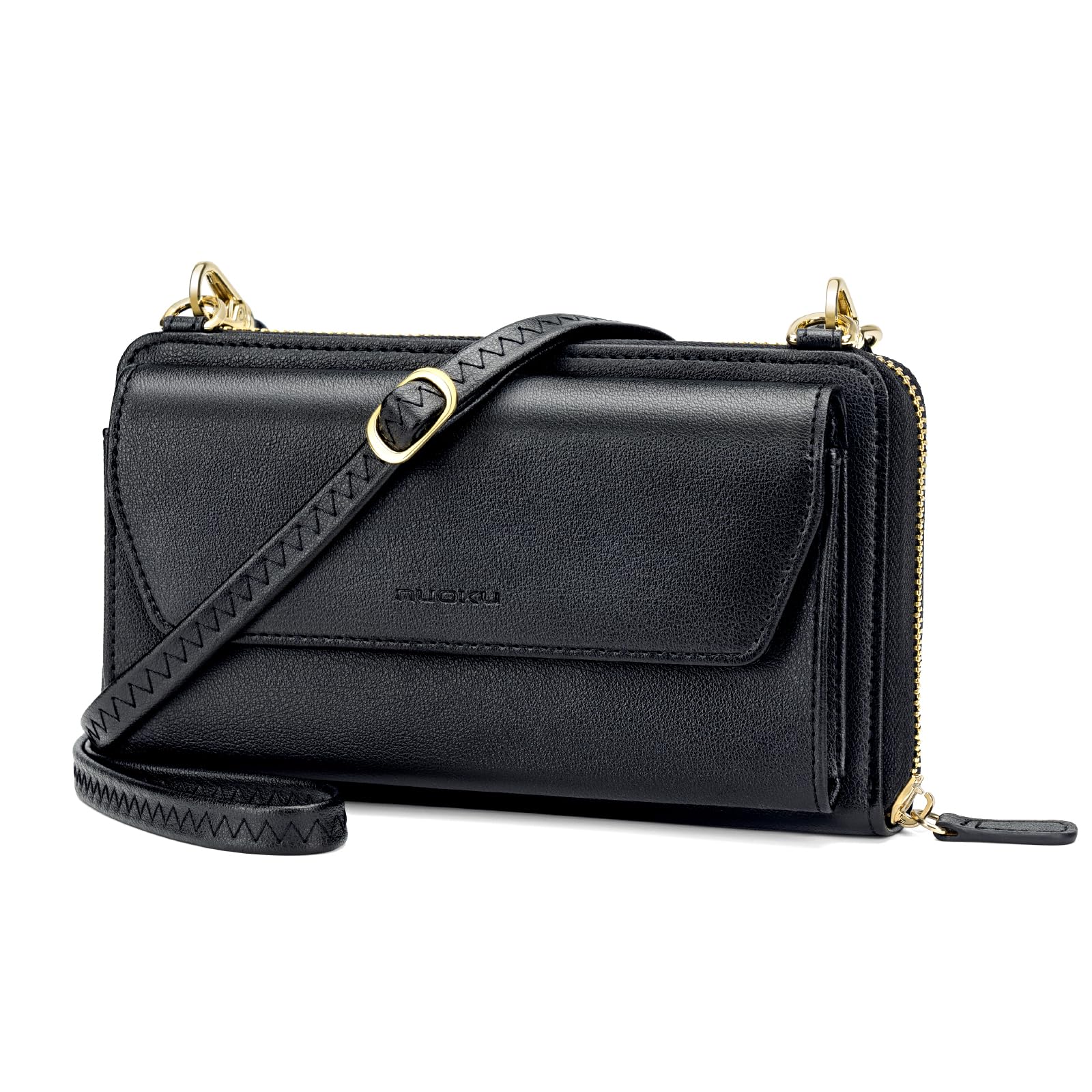 nuoku Womens RFID Wallet Purse Wristlet Crossbody Clutch with Zip Around 2 Strap(Black)