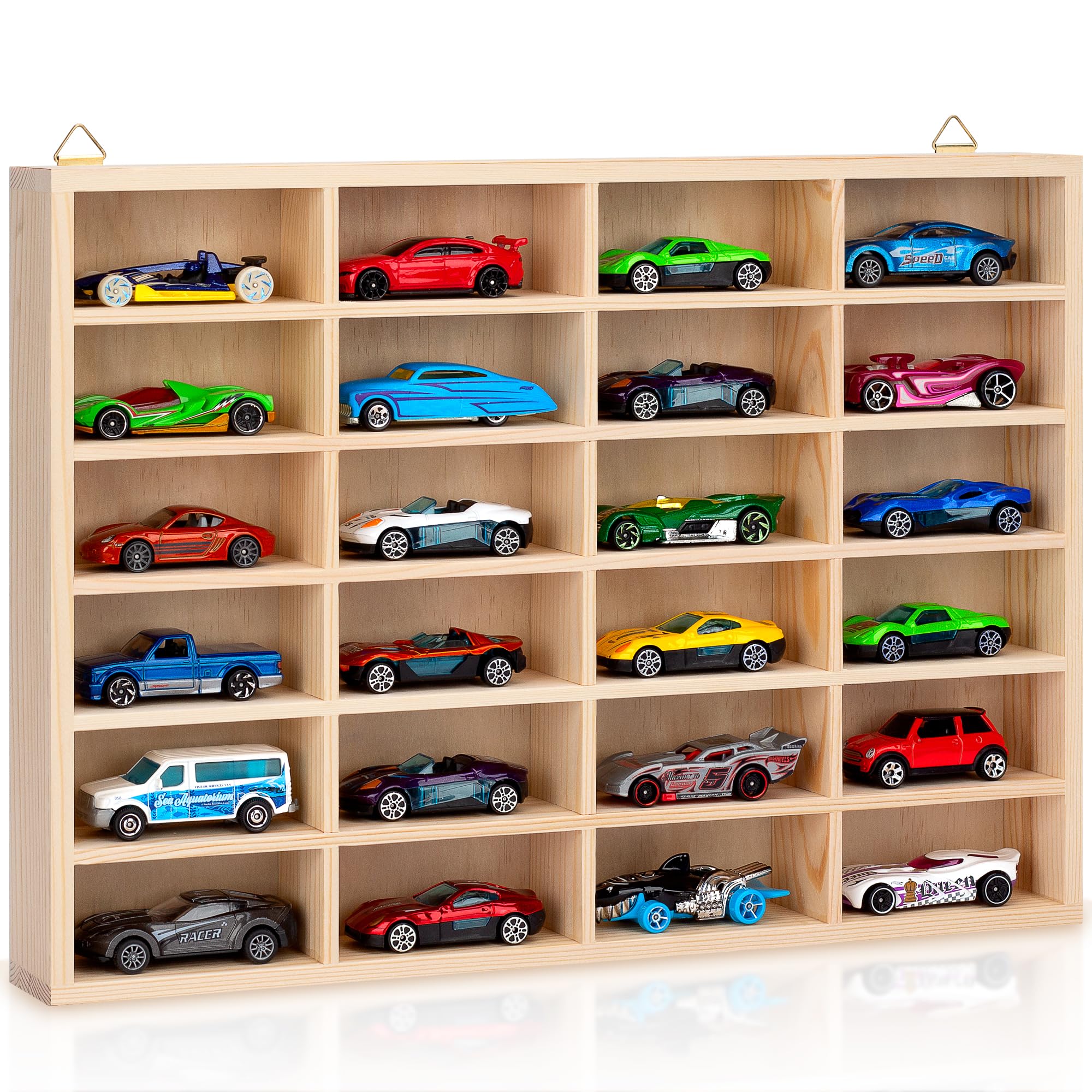 Photo 1 of Stylish Wood Toy Cars Display Case, Wall-Mountable Organizer for Toy Cars and Matchbox Cars, Includes Hanging Screws (Wood-24 Slots)
