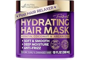 NUTRAHARMONY Hydrating Hair Mask – Post Hair Relaxer for Damaged & Dry – Deep Conditioning Keratin Treatment for Curly & Color-Treated – Soft, Smooth, Anti-Frizz & Split Ends Repair with Collagen, Biotin – 10 oz